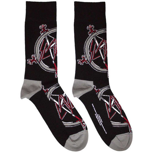 Black ankle socks with a repeating red and grey pentagram design.