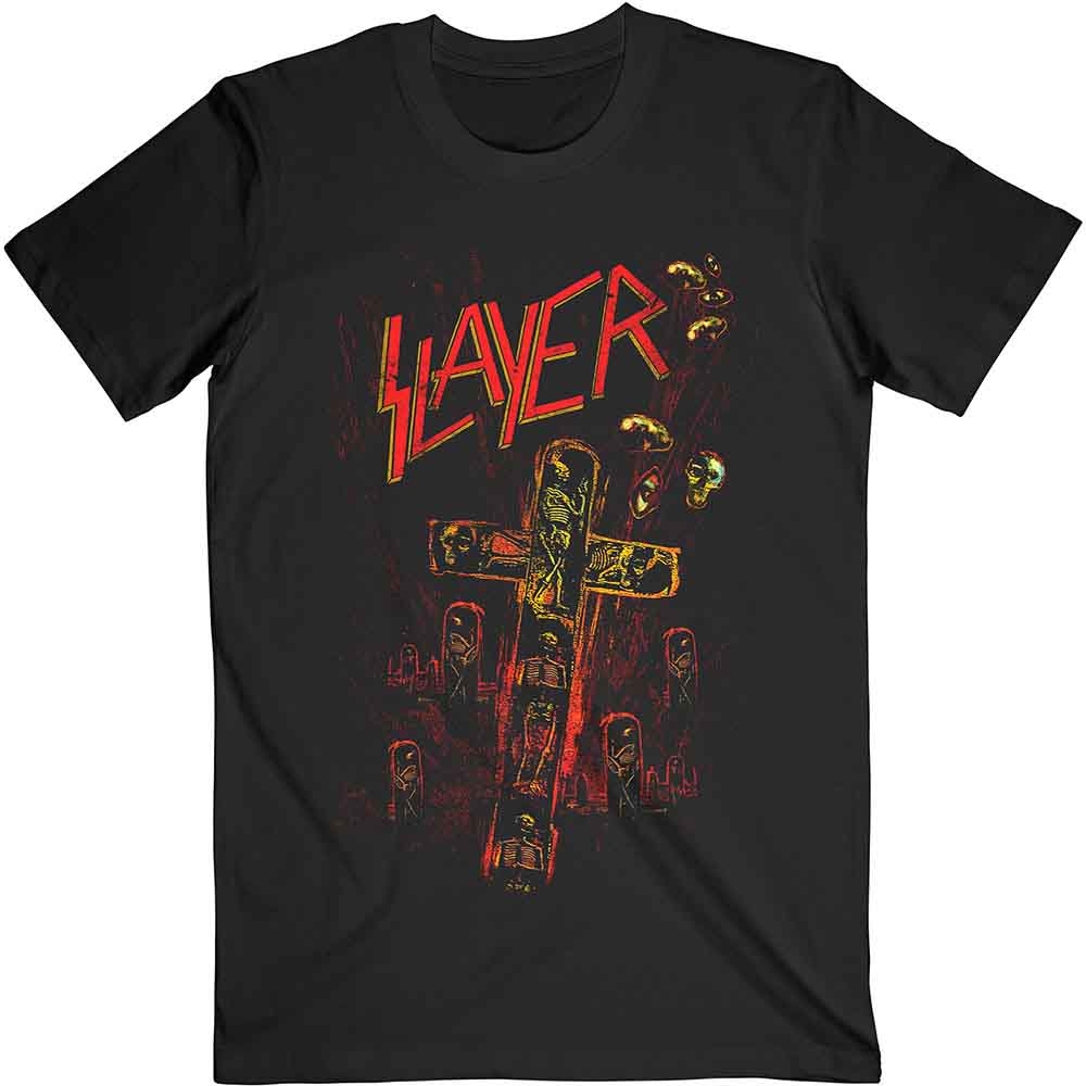 Black t-shirt with red "Slayer" logo and skull-cross graphic.