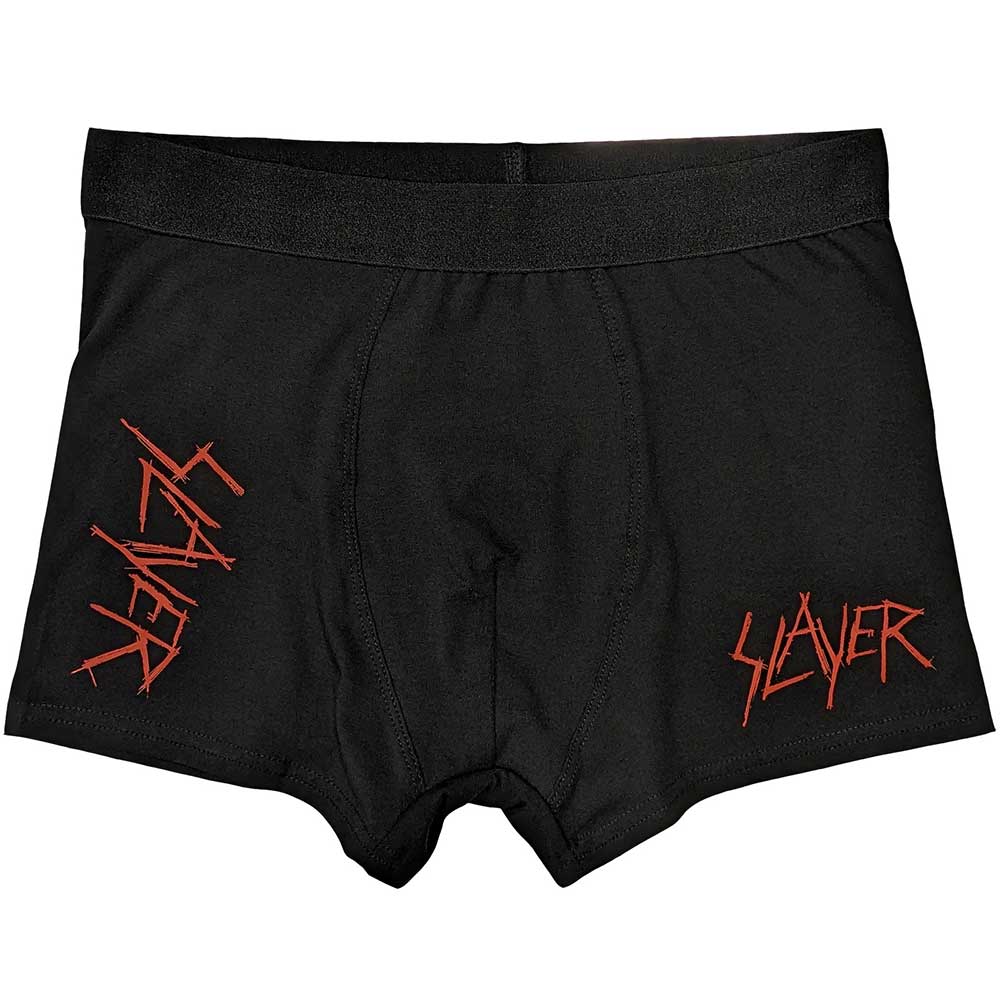 Black boxers with a distressed, white Slayer logo print, size X-Large.