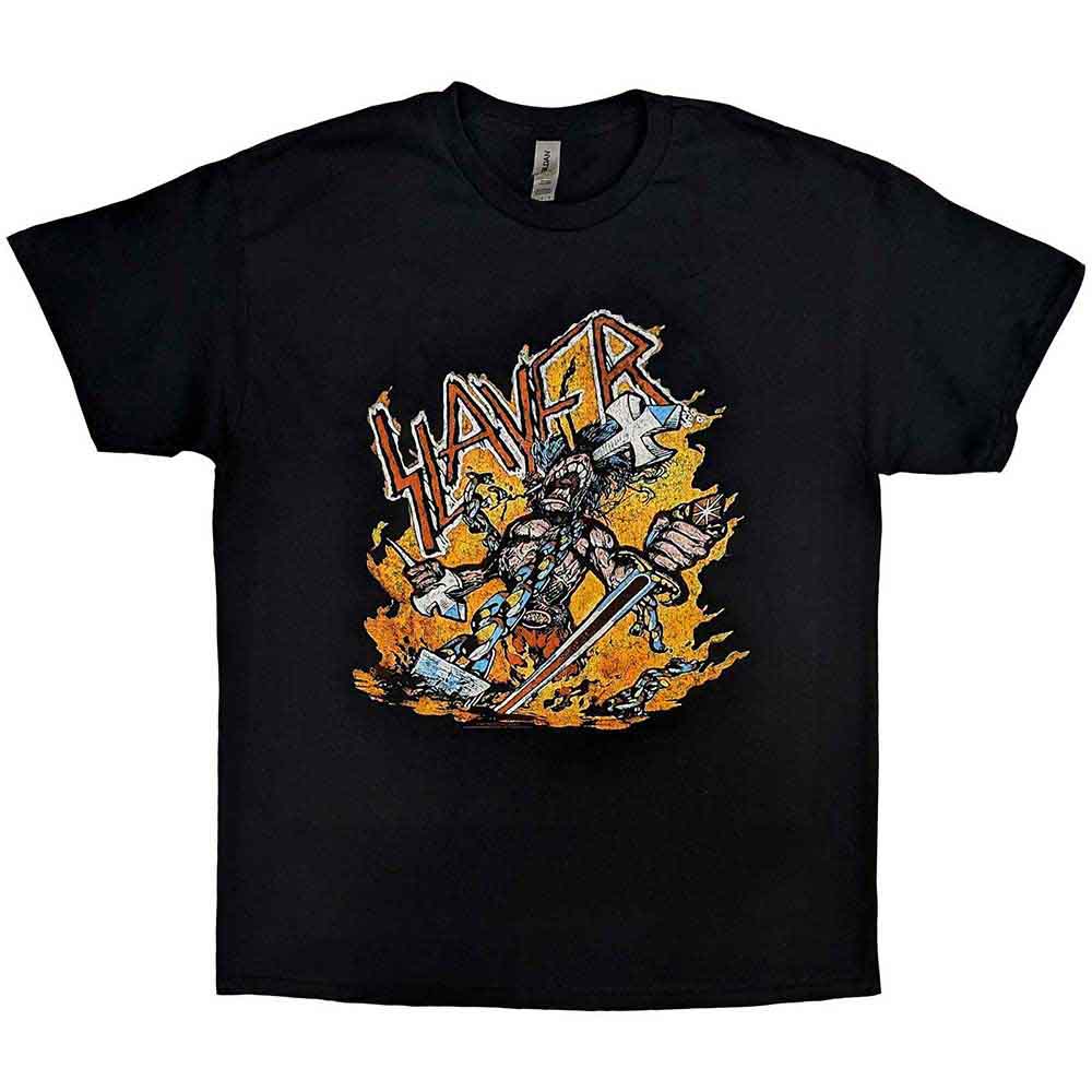 Black t-shirt with cartoon flames and Slayer band logo, size XX-Large.