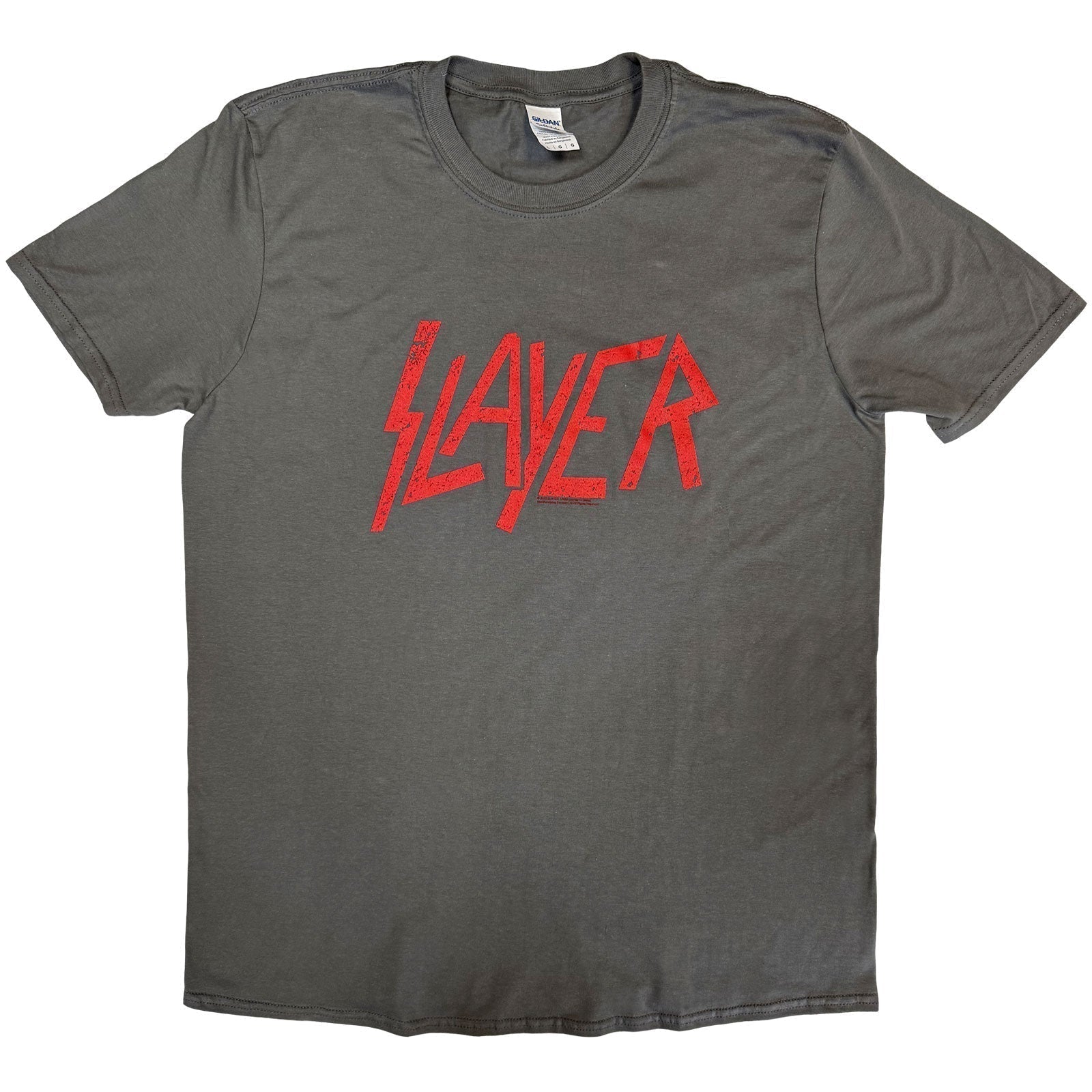 Grey short-sleeve t-shirt with red "SLAYER" logo on the back.