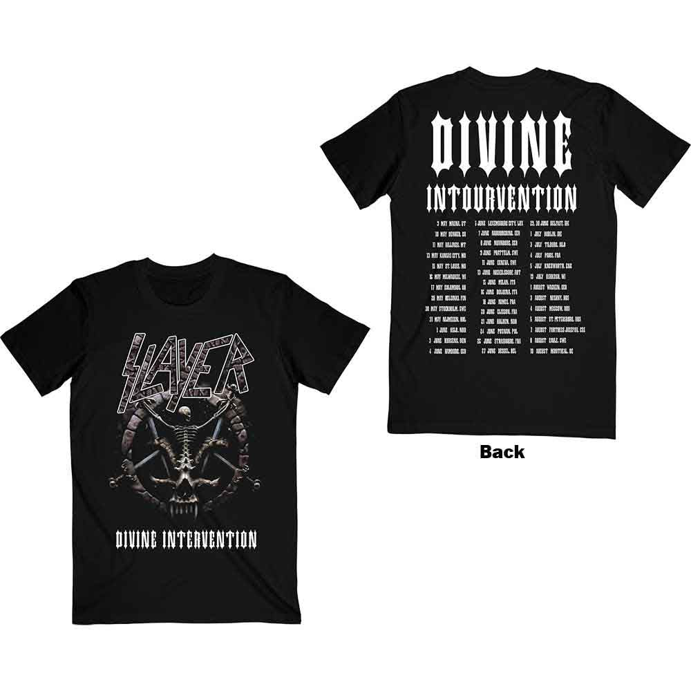 Black Slayer T-shirt featuring a skeletal pentagram graphic and Divine Intervention text.