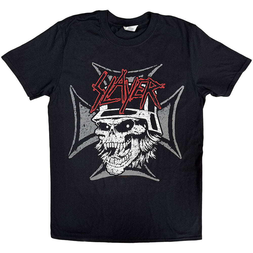 Black t-shirt with a white skull graphic and red "Slayer" text.