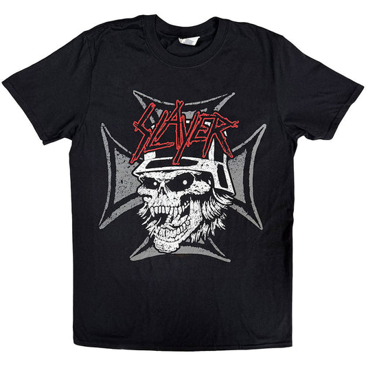 Black t-shirt with a white skull graphic and red "Slayer" text.