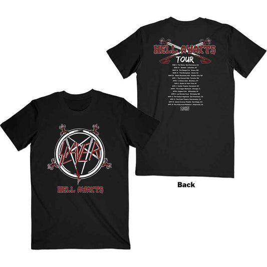 Black t-shirt with red and white "Slayer" and "Hell Awaits" graphic.