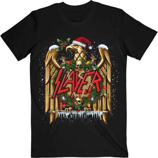Black t-shirt featuring a gold eagle wearing a Santa hat, wreath, skulls, and logo.