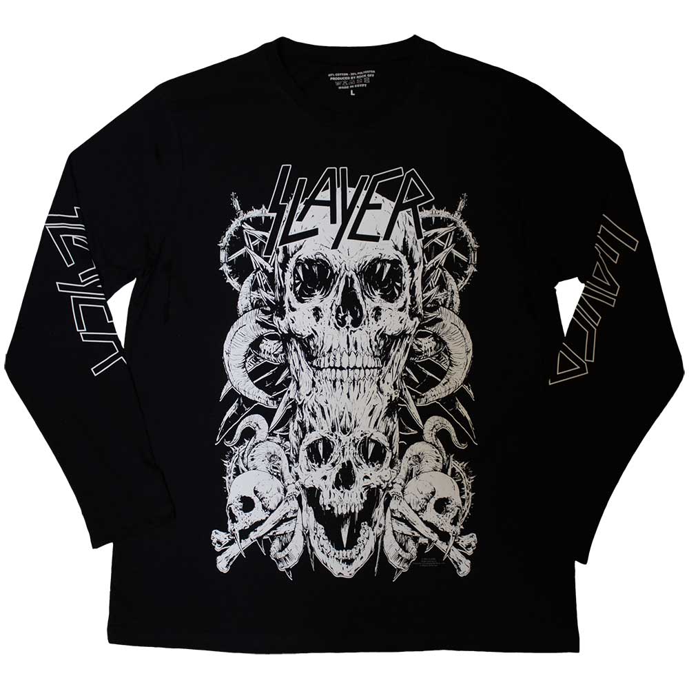 White long sleeve t-shirt with skull designs printed on the sleeves.
