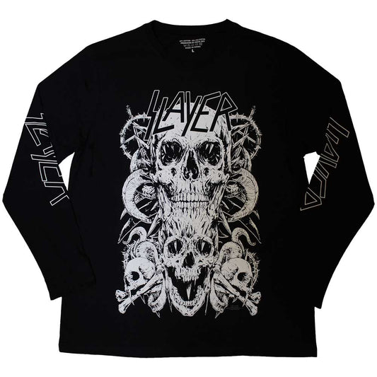 White long sleeve t-shirt with skull designs printed on the sleeves.