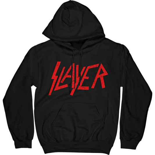 Black unisex pullover hoodie featuring a distressed Slayer logo graphic on the chest.