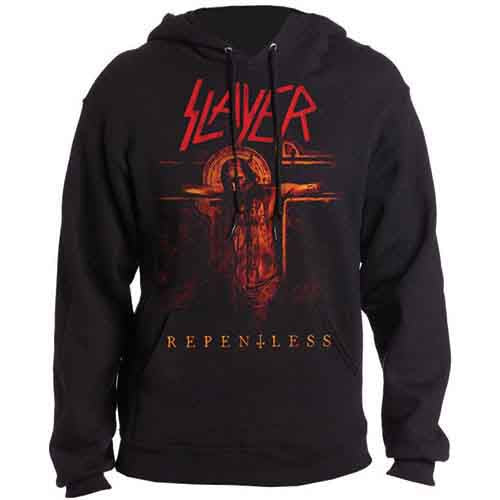 Black hoodie with red "Slayer" logo and crucifix design.