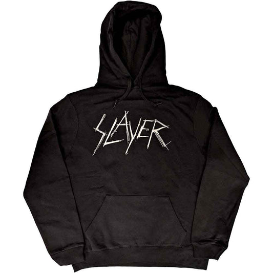Black pullover hoodie with medium-sized, distressed Slayer band logo.