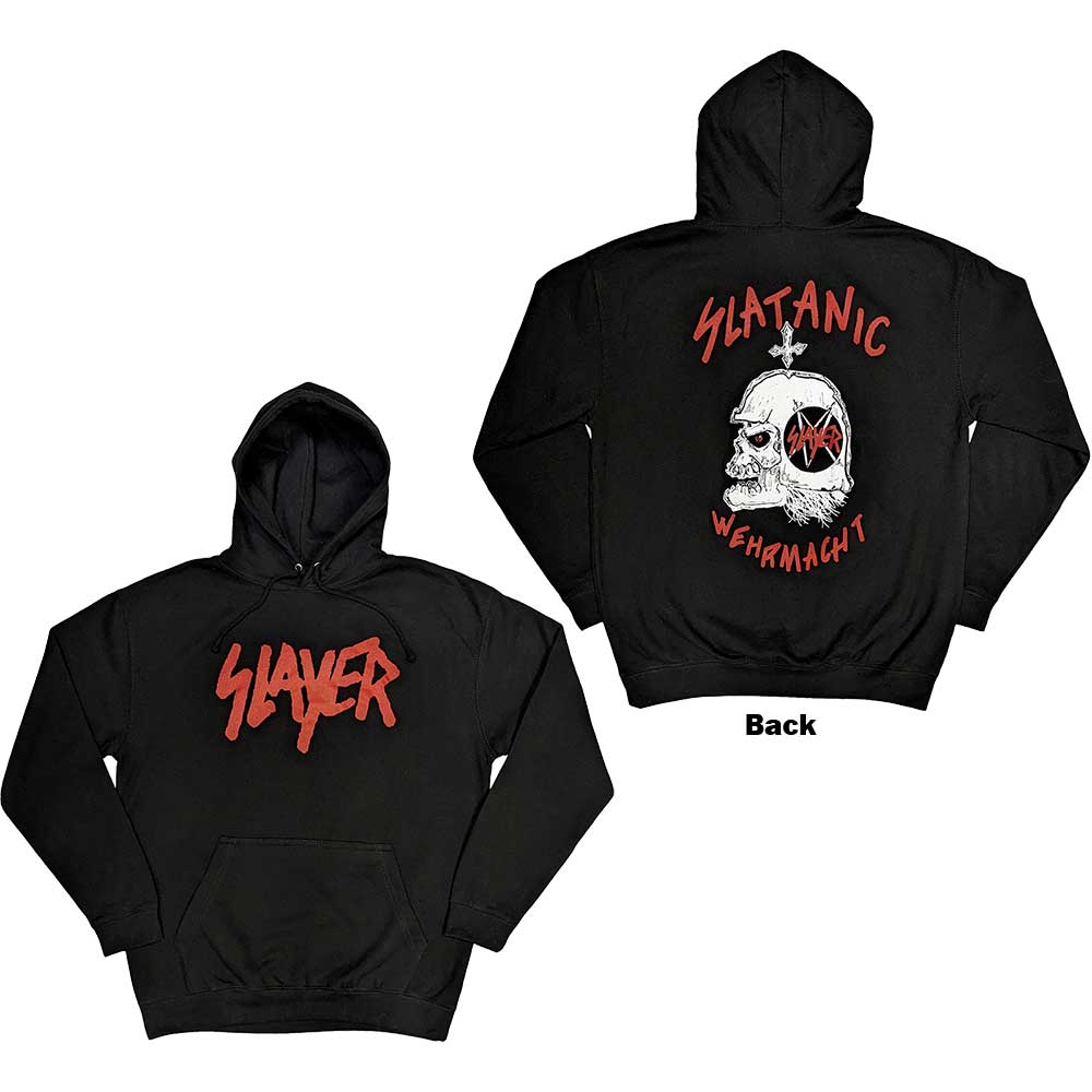 Black unisex pullover hoodie featuring a large Slayer Slatanic graphic printed on the back.
