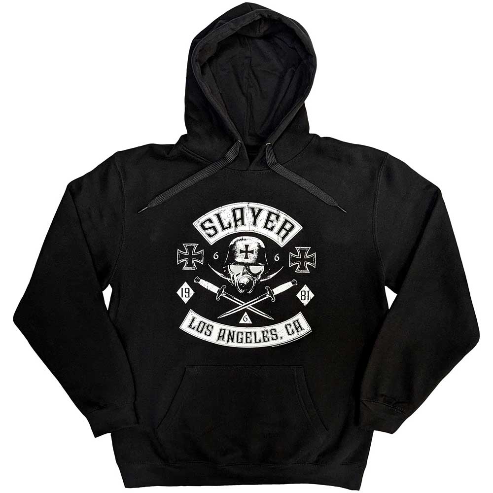 Black unisex pullover hoodie featuring a Slayer band graphic on the chest.