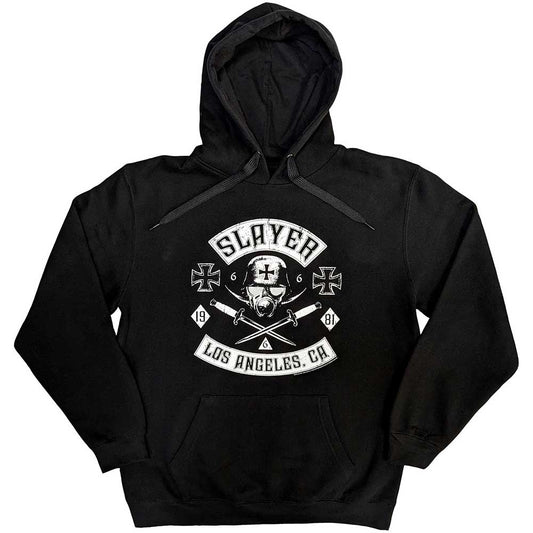Black unisex pullover hoodie featuring a Slayer band graphic on the chest.
