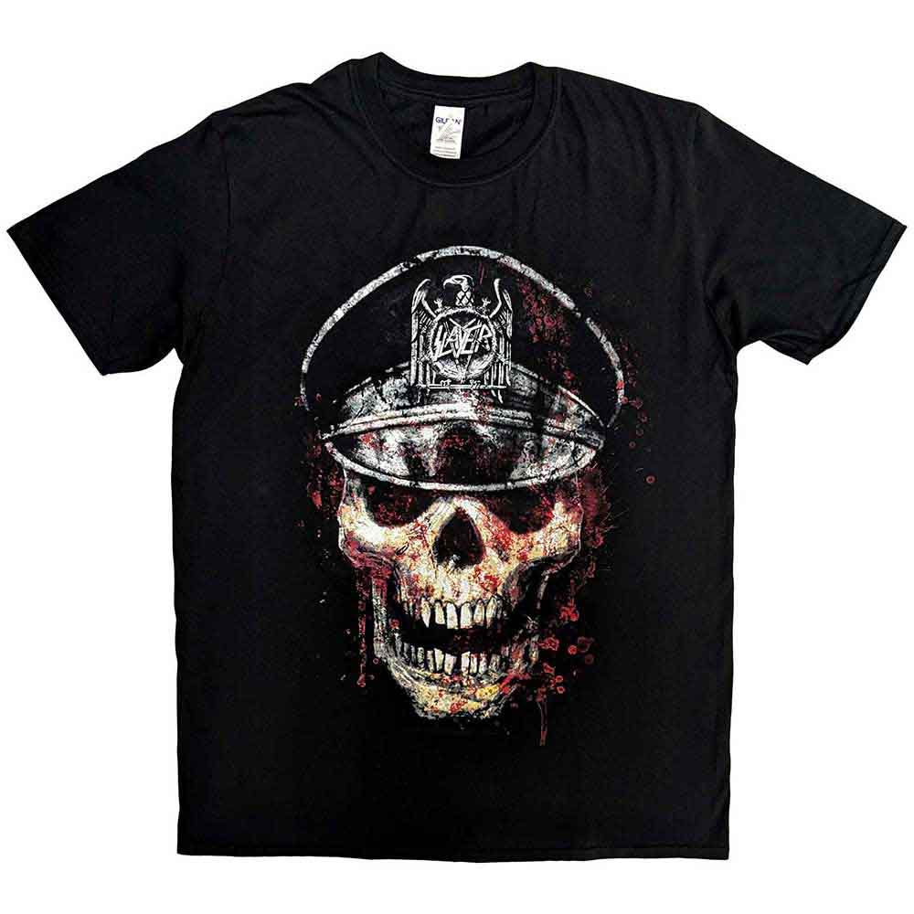 A man wearing a black t-shirt featuring a graphic of a skull in a hat.