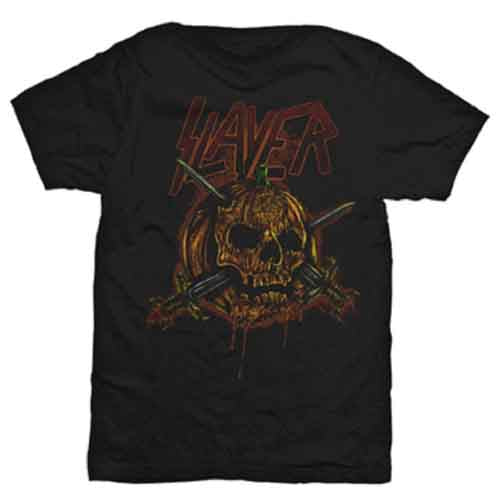 Black t-shirt with Slayer logo over a skull and pumpkin graphic.