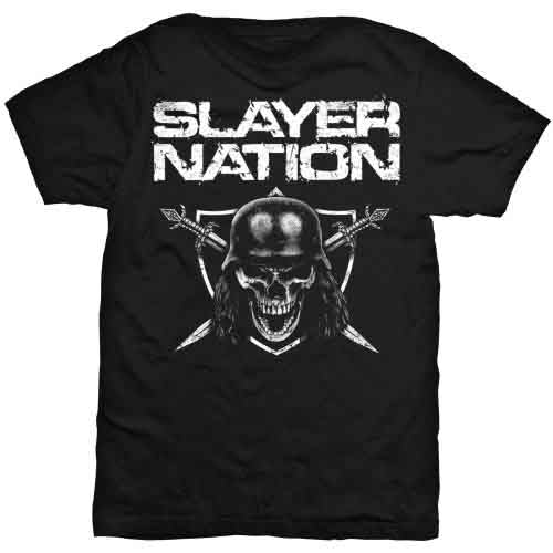 A person wearing a black t-shirt featuring a white Slayer Nation skull and sword graphic.