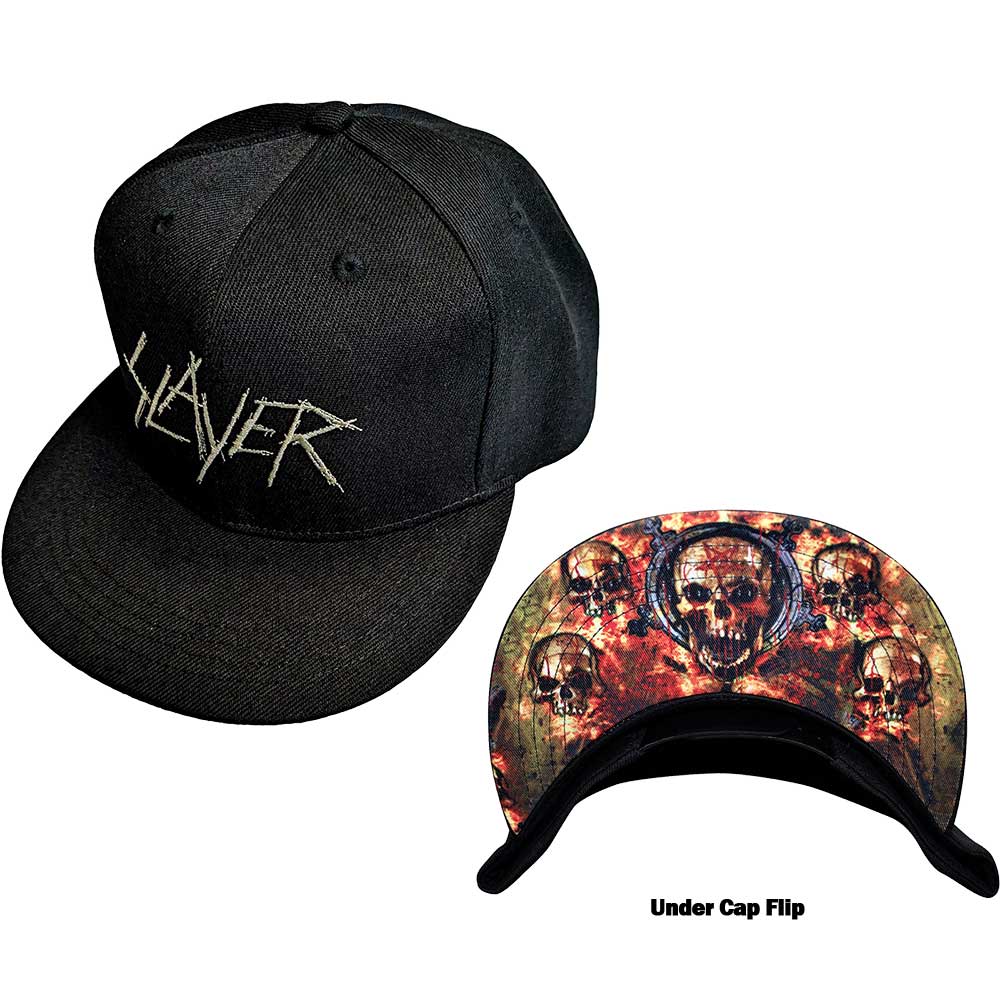 Black unisex snapback cap featuring a white distressed Slayer logo on the front.