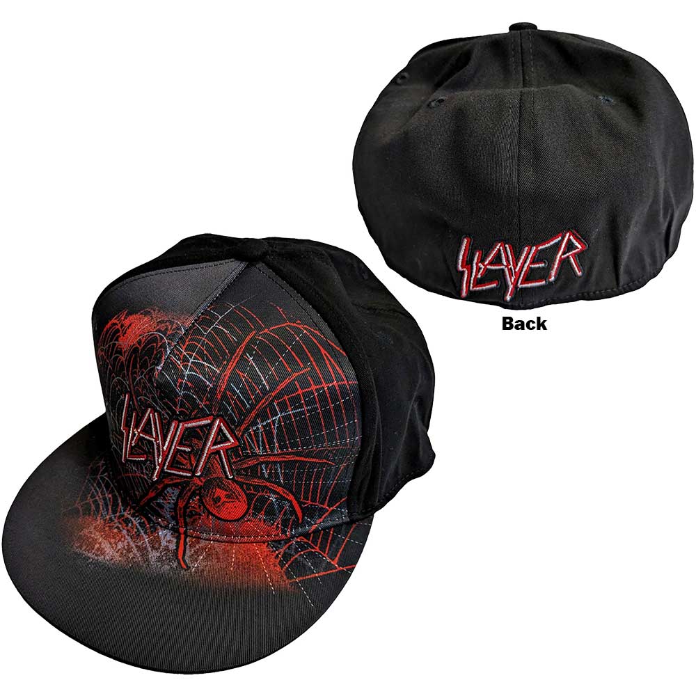 Black snapback cap featuring a white embroidered spiderweb design on the front panel.