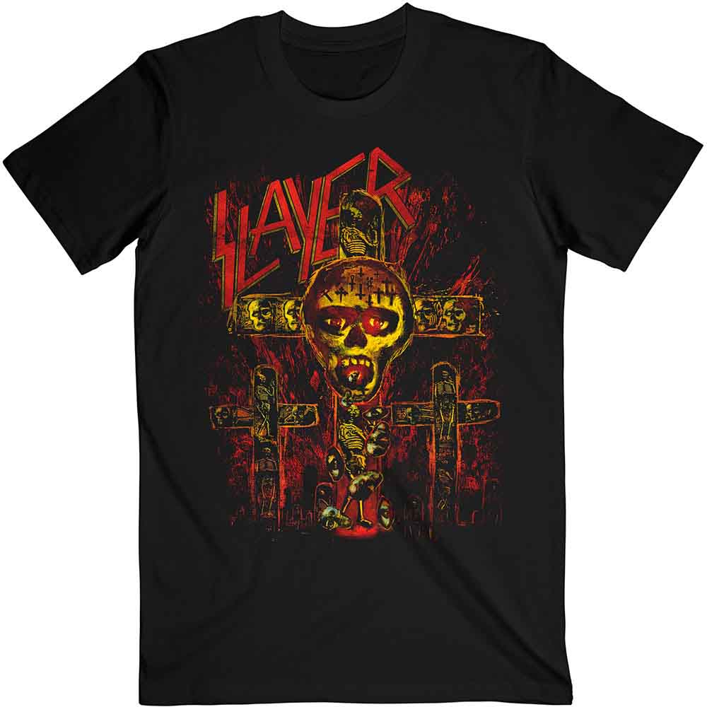 Black t-shirt with a distressed, fiery crucifix and "Slayer" logo.