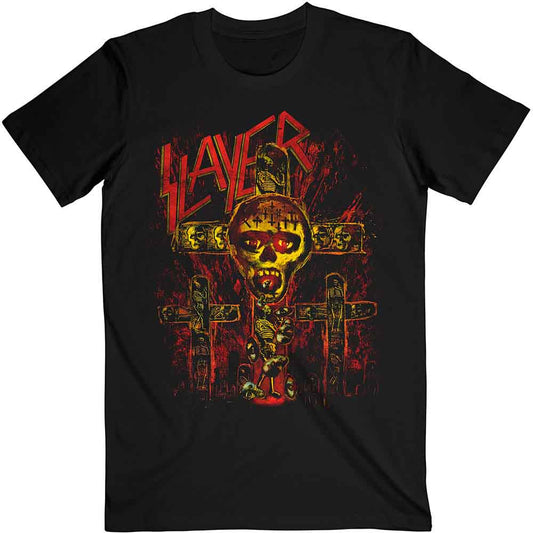 Black t-shirt with a distressed, fiery crucifix and "Slayer" logo.