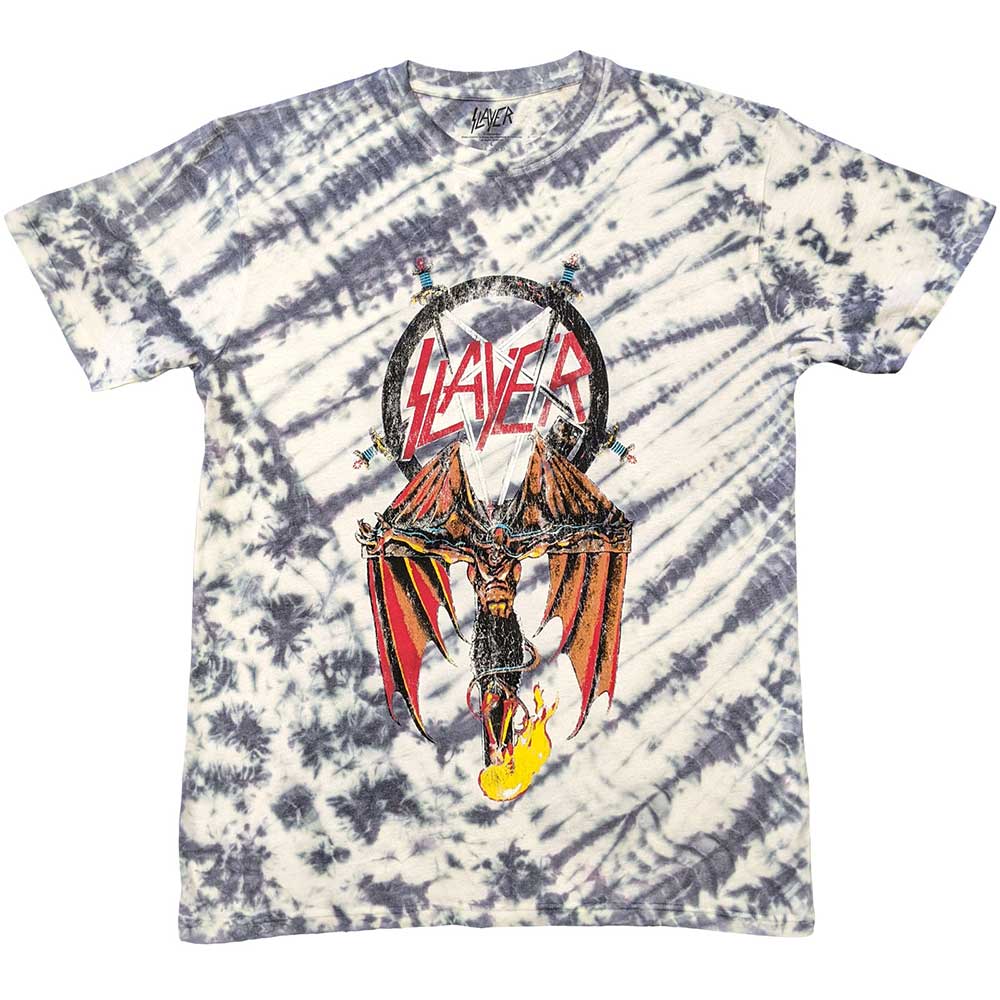 Black unisex t-shirt featuring a white Slayer winged crucifix graphic in a vintage wash.