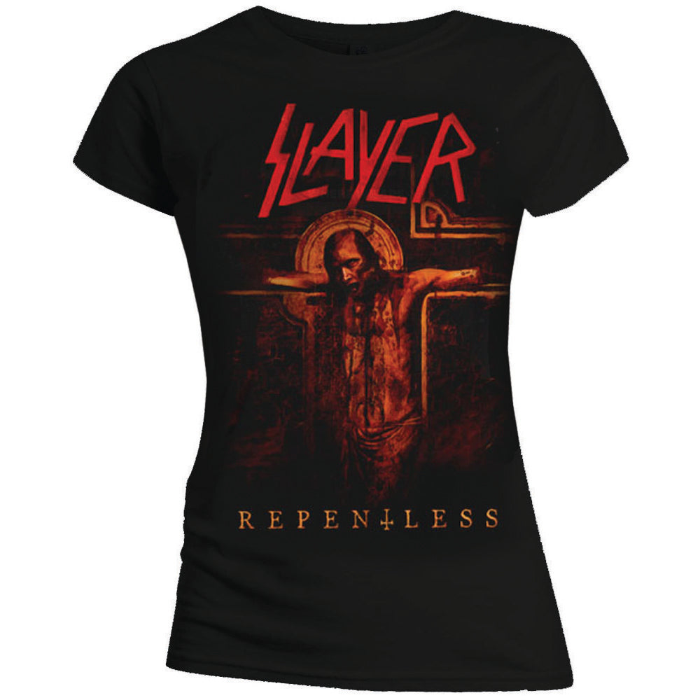 Black women’s t-shirt with Slayer band logo and crucifix design.