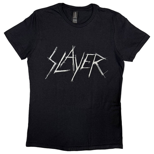 Black women's t-shirt with white "SLAYER" logo, short sleeves.