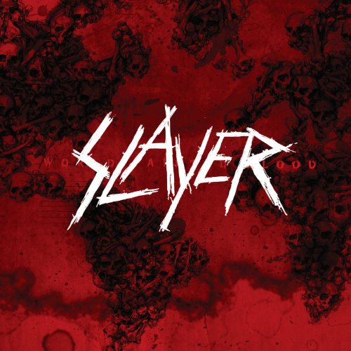 Slayer logo in white over a red background filled with dark, scattered skulls.