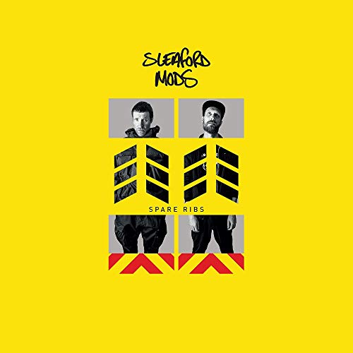 Album cover with Sleaford Mods logo, two men, and geometric rib-like patterns on yellow.