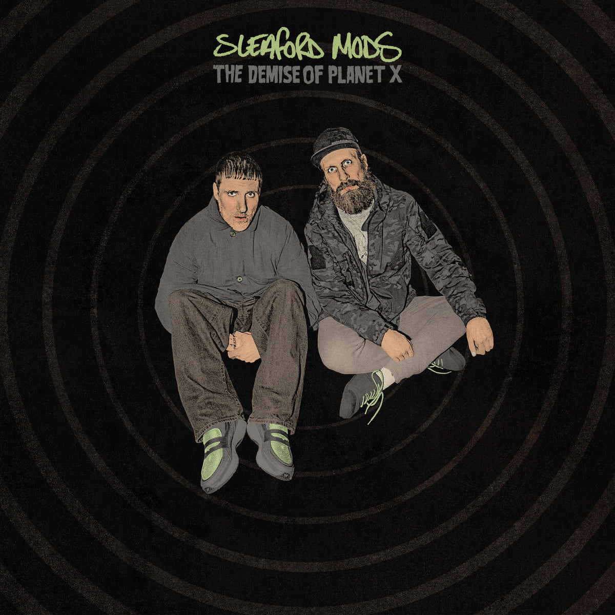 Sleaford Mods album cover: two men seated within concentric circles.