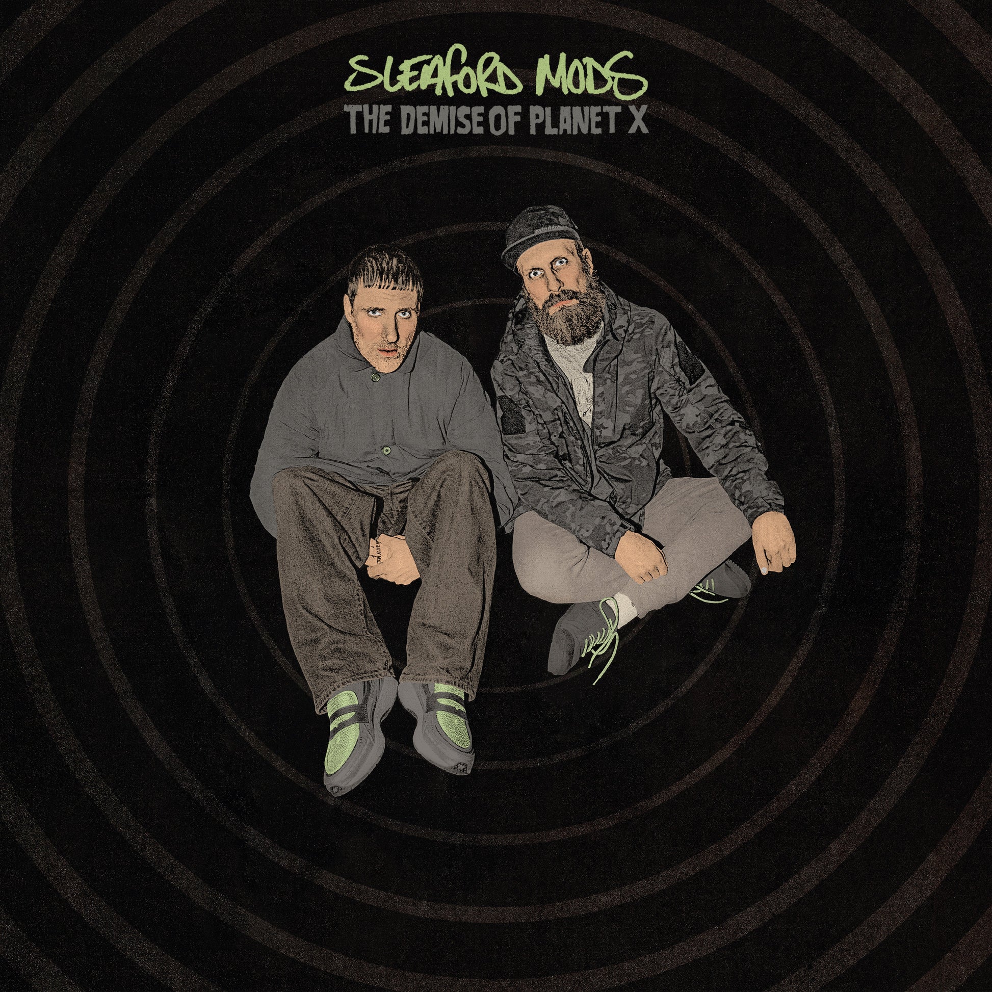 Album cover for Sleaford Mods’ “The Demise Of Planet X” featuring two men.