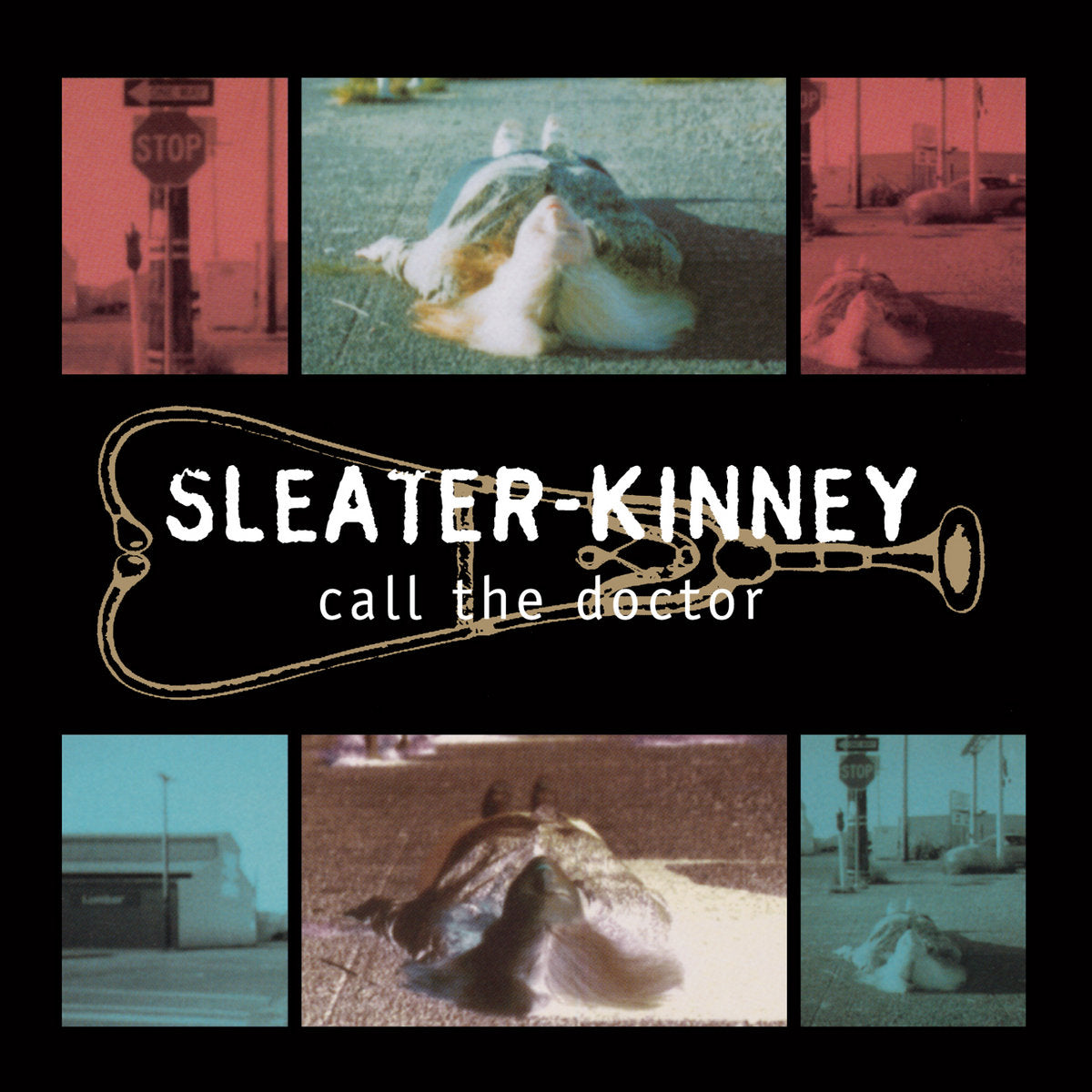 Sleater-Kinney album cover with collage of grainy street scenes and a saxophone.