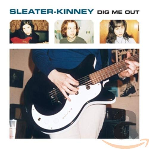 Sleater-Kinney album cover: three portraits and a person playing guitar.