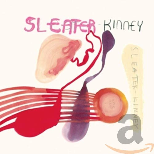 Sleater-Kinney album cover: abstract red and purple paint strokes, white text.