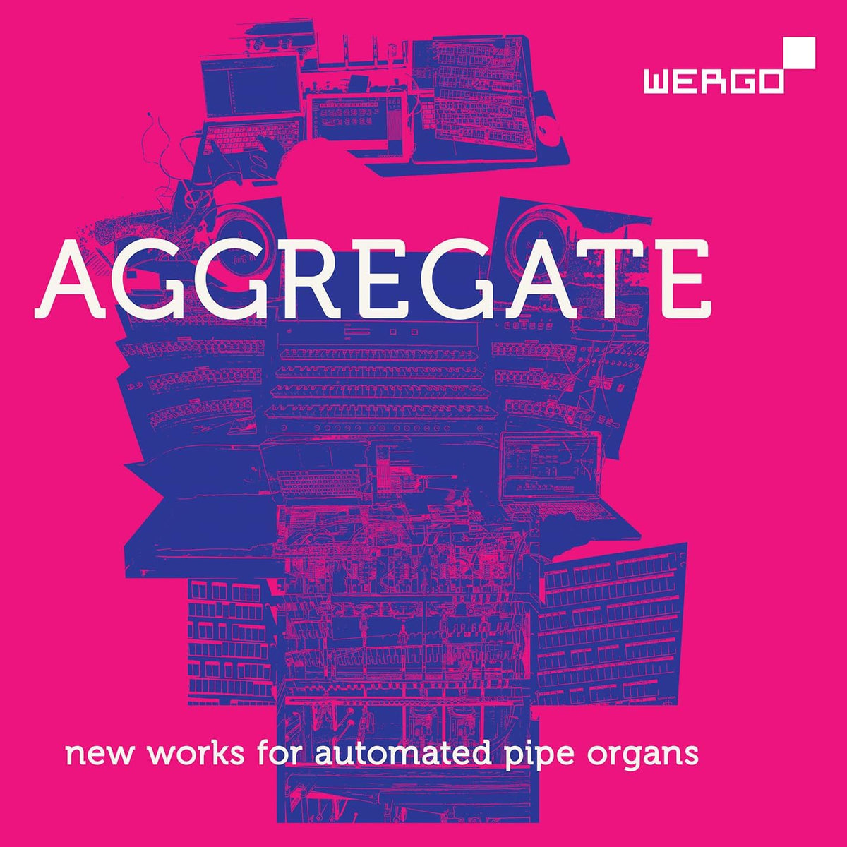 CD cover for "AGGREGATE" featuring blue and pink organ machinery.