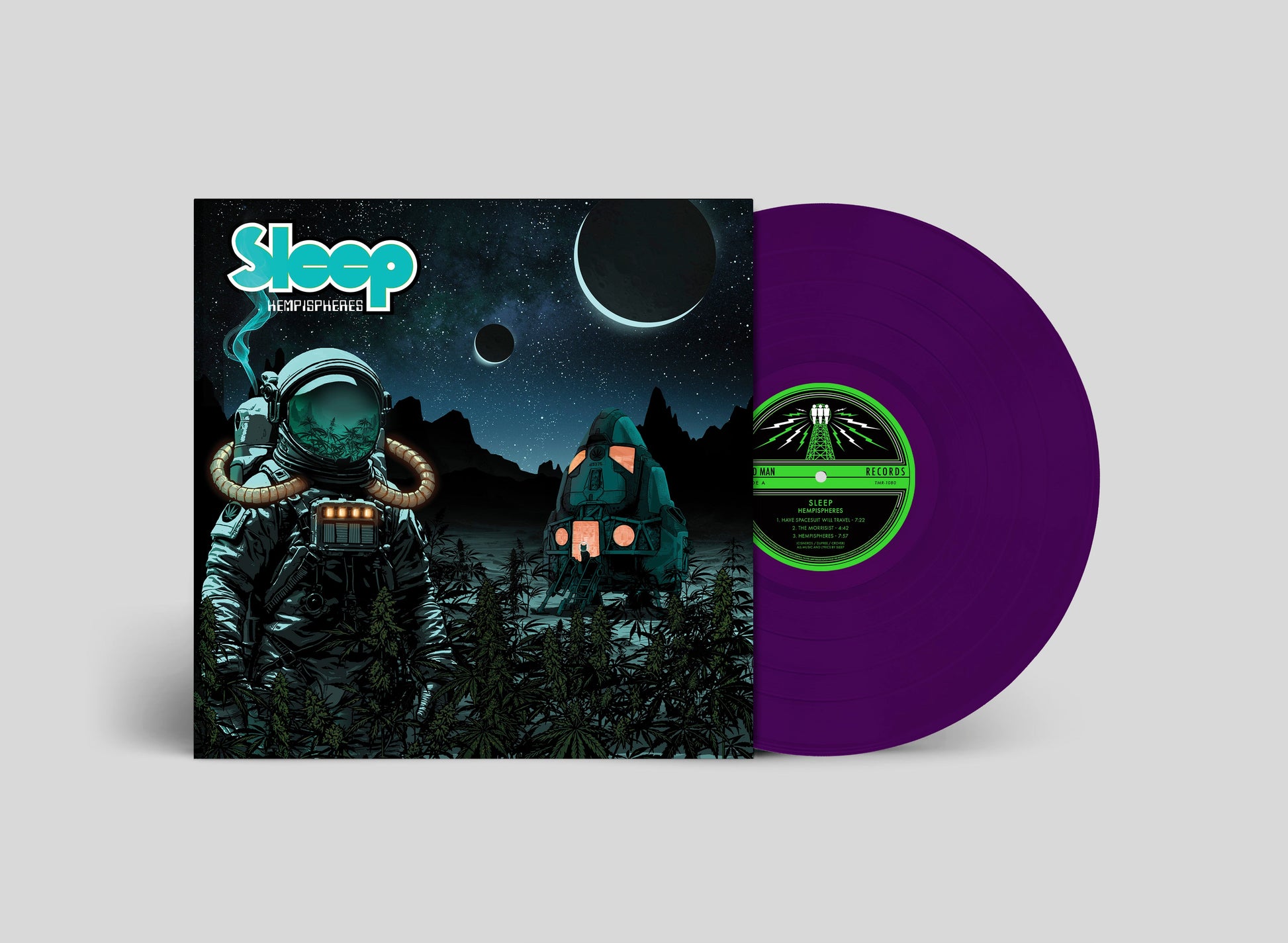 Purple vinyl record and album cover featuring an astronaut and spaceship.