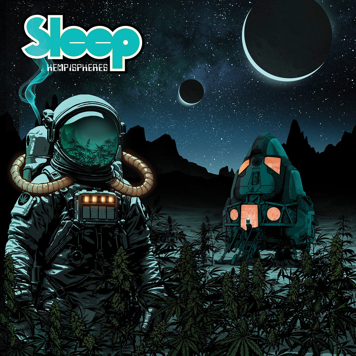 Album cover: astronaut and spacecraft amidst cannabis plants on a moonscape.