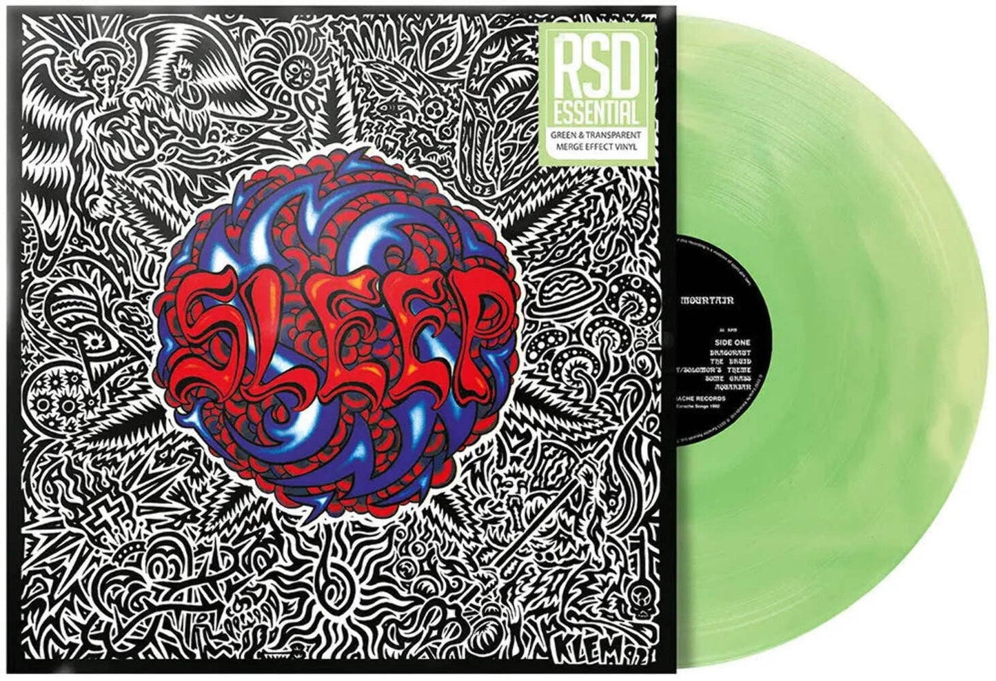 Record sleeve with swirling design and green translucent vinyl disc.