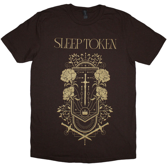 Maroon t-shirt with gold Sleep Token logo, sword, floral, and shield graphic print.