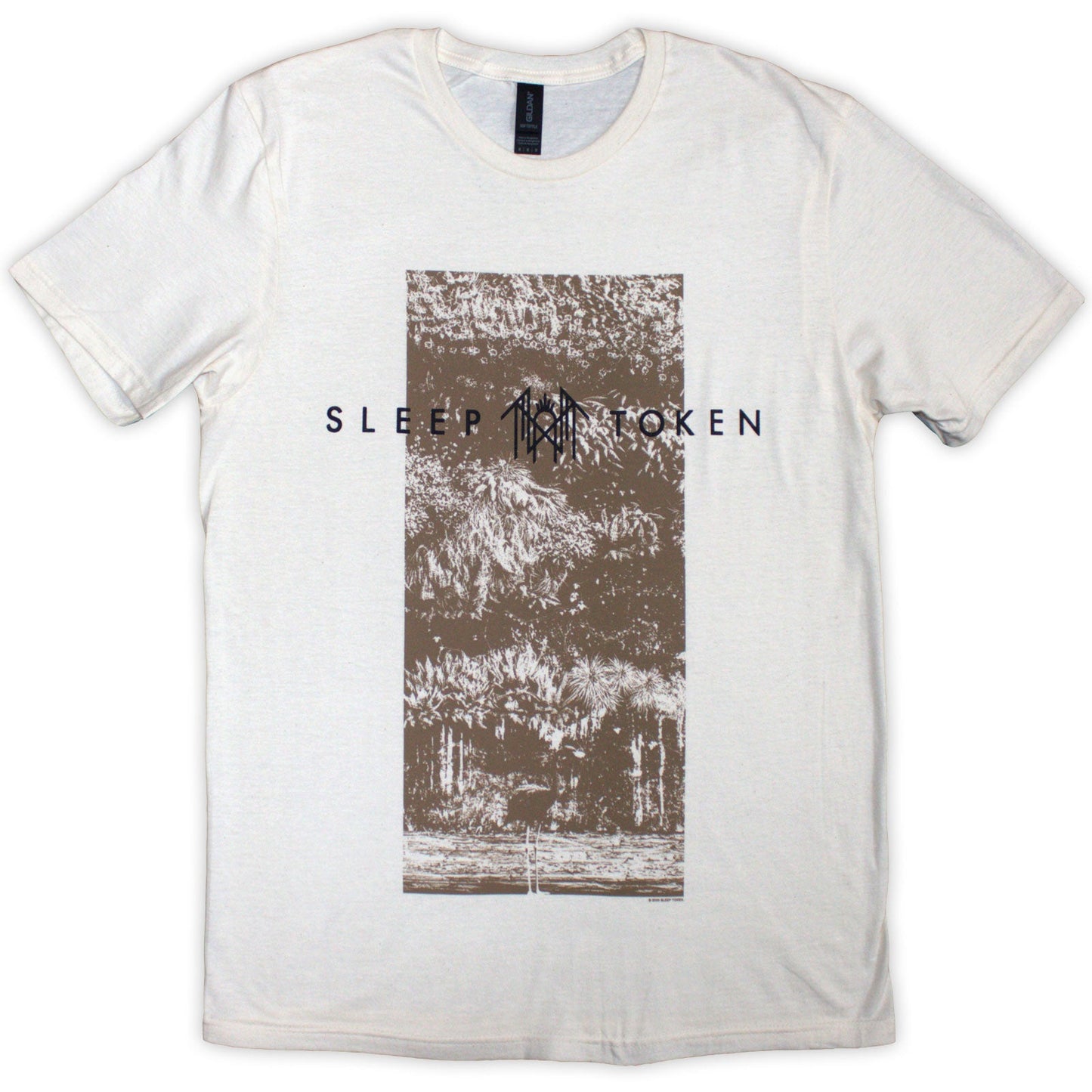 Natural colored t-shirt with a central rectangular graphic and Sleep Token text.