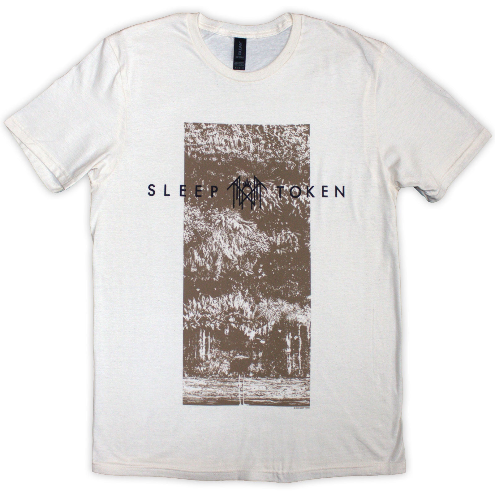 Natural colored t-shirt with a central rectangular graphic and Sleep Token text.