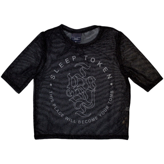 Black mesh crop top with “Sleep Token” and “Tomb” design, size XX-Small.