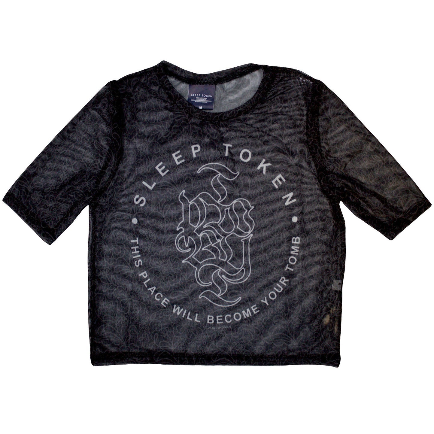 Black ladies crop top featuring Sleep Token Tomb graphic design with mesh fabric detailing.