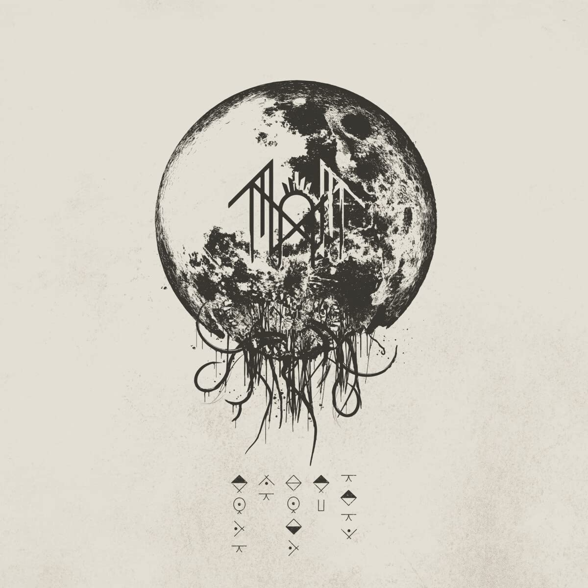 "Album cover with a moon and abstract symbols on a beige background."