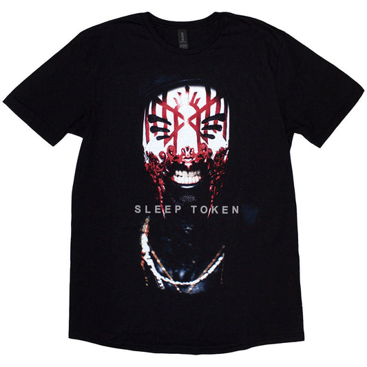 Black t-shirt featuring Sleep Token’s Aford mask design, size medium.
