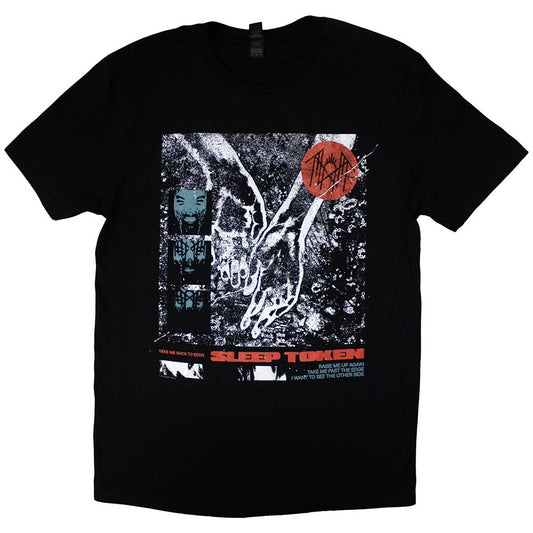 Black t-shirt with a collage of Sleep Token imagery, size X-Large.