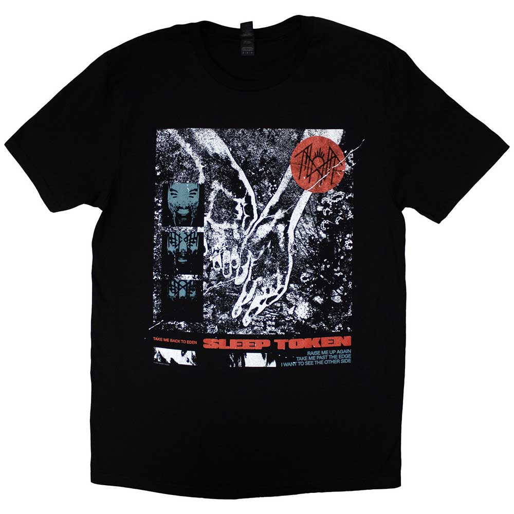 Black t-shirt with a collage of Sleep Token imagery, size X-Large.