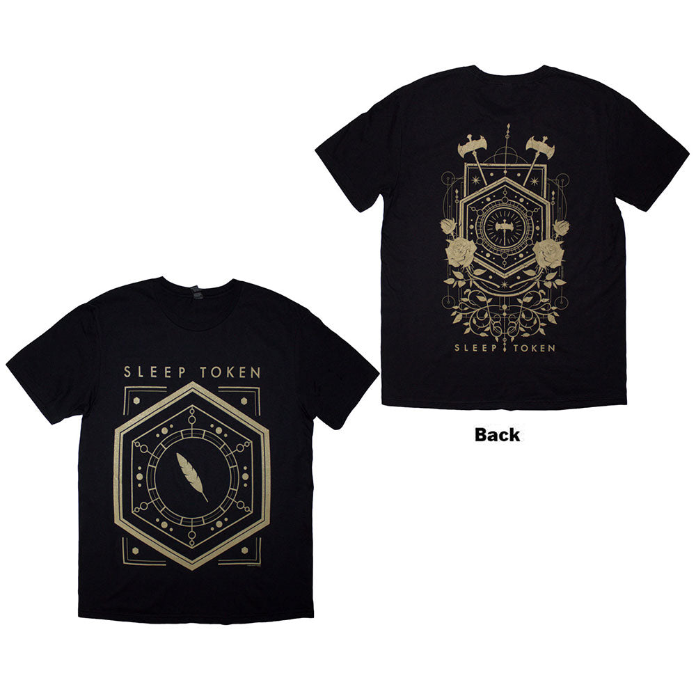 Black Sleep Token t-shirt with a back print of a feathered host figure.