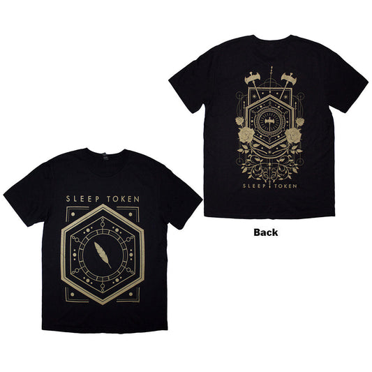 Black Sleep Token t-shirt with a back print of a feathered host figure.